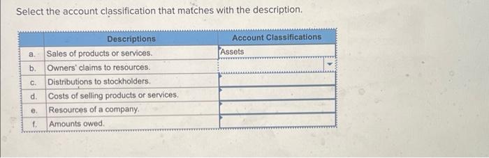 Select the account classification that matches with the description.