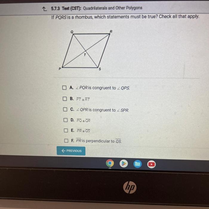 If pqrs is a rhombus which statements must be true